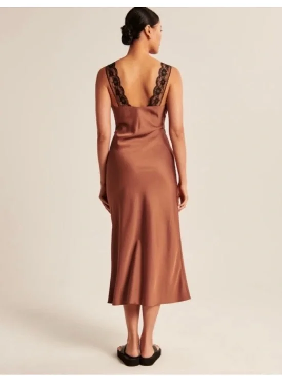 Abercrombie & Fitch Satin Lace-Trim Slip Dress in Bronze and Black - Picture 2 of 7